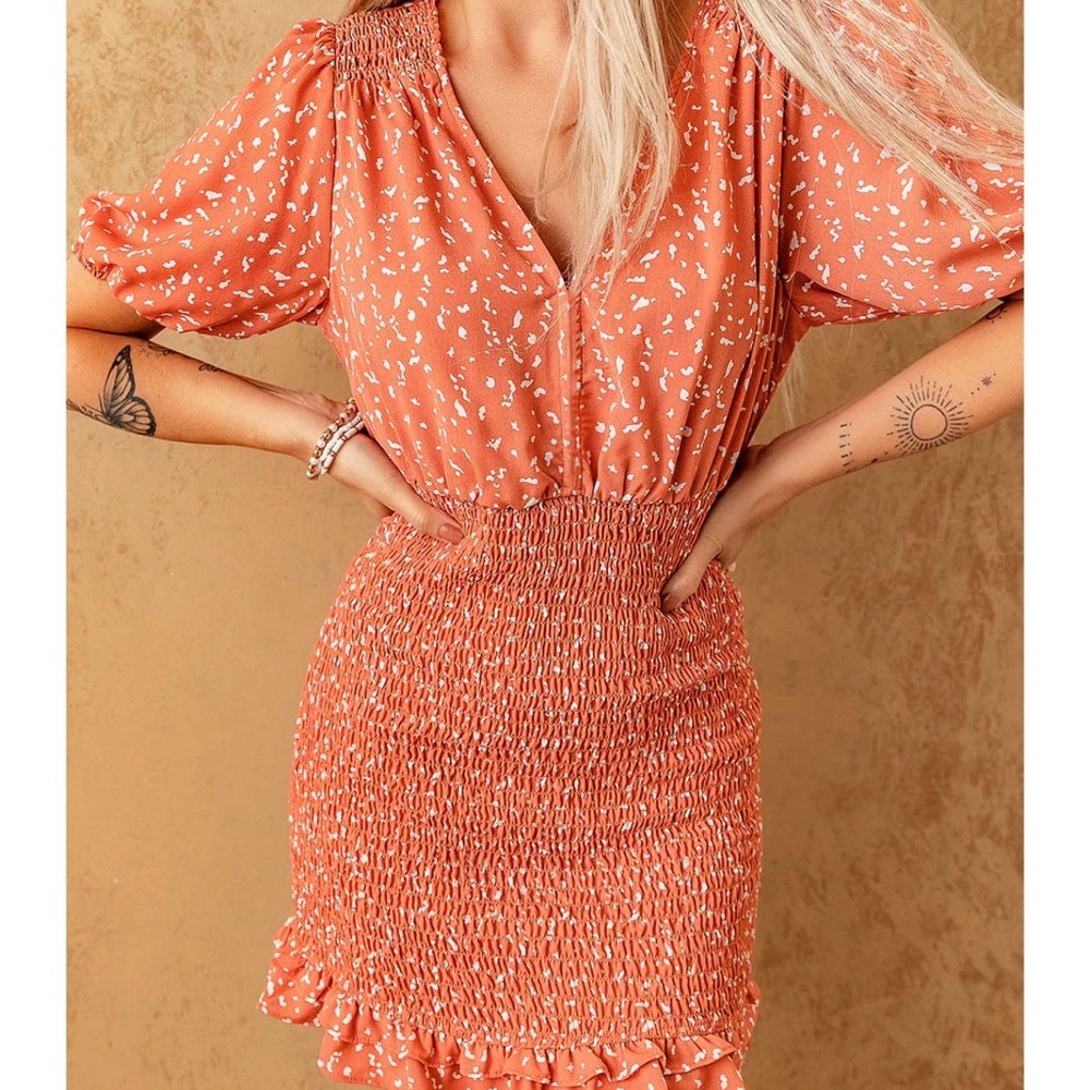 NWOT Abercrombie Smocked Waist Mini Dress Shirt Sleeve Coral Pink XS